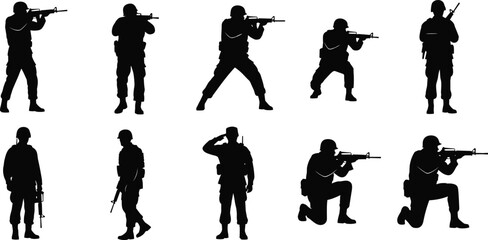 Military soldier silhouette set, rifle poses, combat stance, army illustration, tactical figures, war action, kneeling, aiming, saluting, standing
