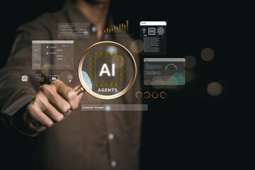 Businessman holding magnifying glass focusing on Al agent interface, AI agents technology concept, data analytics, automation, and innovation for business solutions and digital transformation.