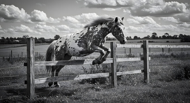 Pony Jump Over Wooden Fence PNG Spotted Horse in Mid-Air PNG