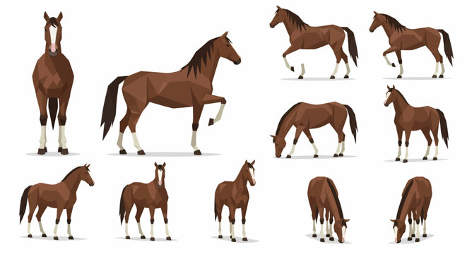 Collection of brown horses in various poses, illustrated in low-polygonal style.