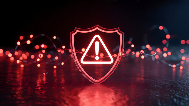 Glowing red shield with exclamation mark signals critical cybersecurity alert against dark background with bokeh lights, conveying urgent threat warning.