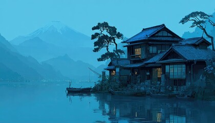 Fototapeta premium Misty Japanese house by lake, mountain backdrop