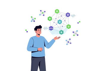 Abstract 3d illustration with man engaging with interconnected hexagons and dots, great for technology, networking, data visualization, and futuristic concepts.