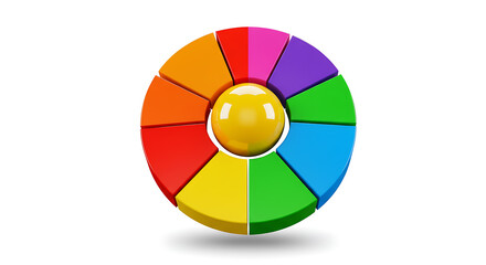 Colorful wheel with segments, a vibrant spectrum of colors in a circular design isolated on white background