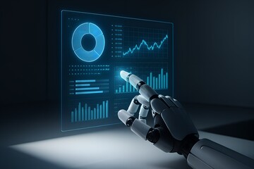 Robotic Hand Interacting with Financial Data Display Illuminating the Future of Technology and Finance Integration through Artificial Intelligence