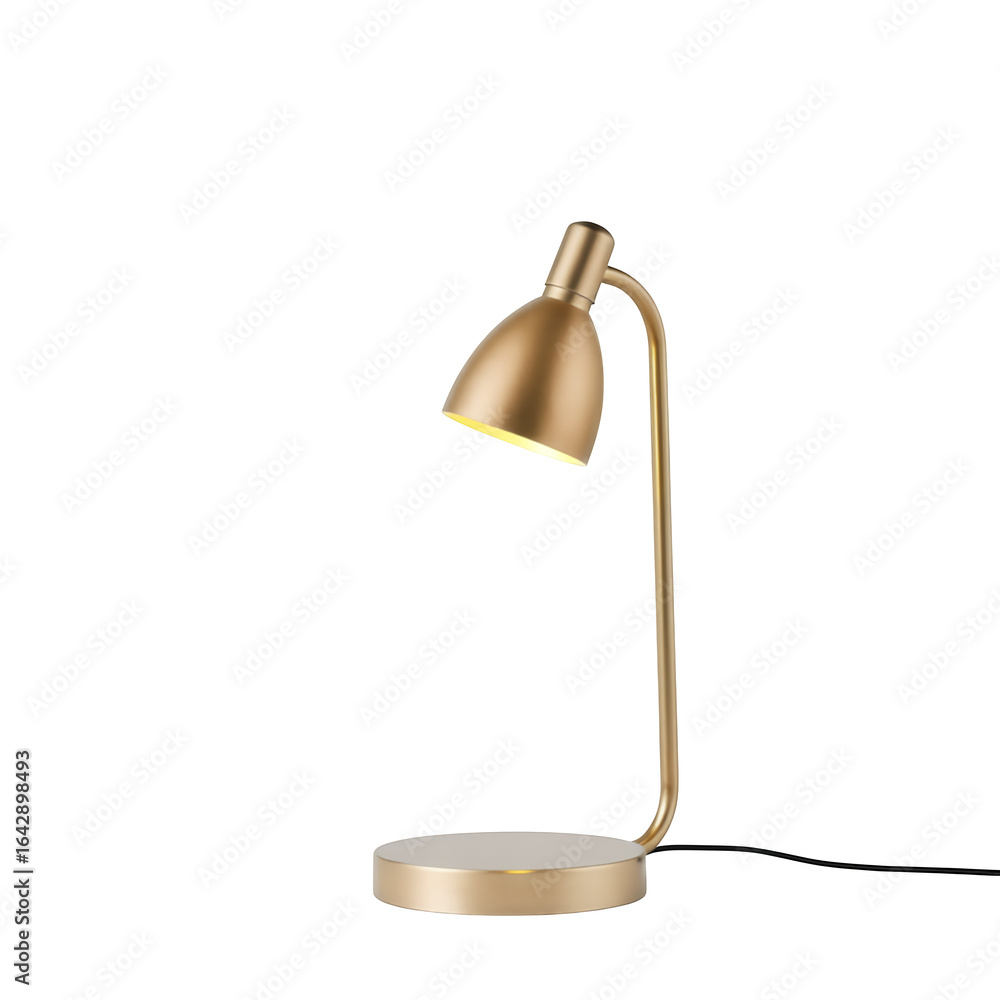 Poster a modern brushed brass desk lamp with an adjustable gooseneck and round base illuminated and isolate