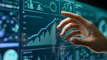 Innovative professional analyzing complex financial data on futuristic digital dashboard, driving business growth and insight