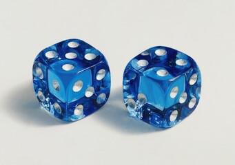 Two translucent blue dice, showing white pips, sit on a light gray surface