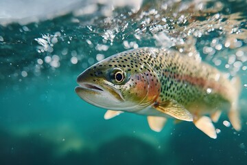 Rainbow trout swimming underwater in clear blue water near a rocky habitat