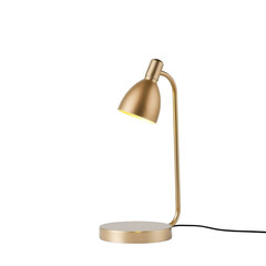 A modern brushed brass desk lamp with an adjustable gooseneck and round base illuminated and isolated on transparent background