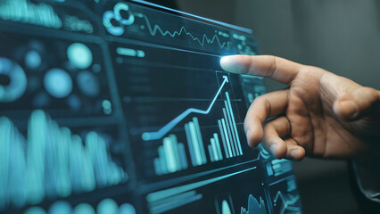 Dynamic finance professional analyzing digital growth charts on futuristic touchscreen interface, showcasing business success and data insights.