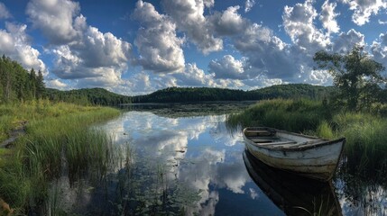 Obraz premium Tranquil lake scene with a weathered boat moored at the shore.