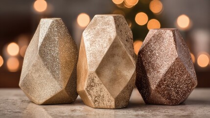 Three geometric, glittering vases sit on a marble surface before a blurred festive background