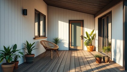Modern minimalist house porch with wooden deck flooring, a rattan chair, potted plants, and natural morning light