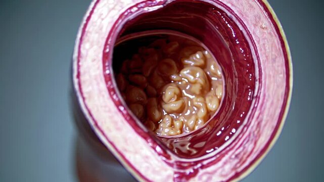 Cholesterol plaque progressively building up inside arterial walls, gradually narrowing blood passages and increasing potential risks of cardiovascular complications like heart attack or stroke