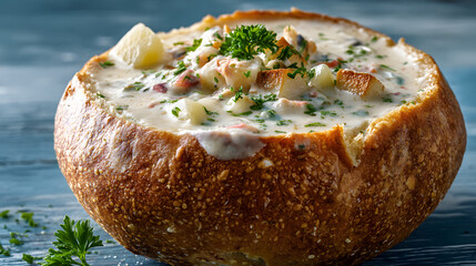 Creamy New England Clam Chowder Served in a Fresh Bread Bowl with Garnish of Parsley