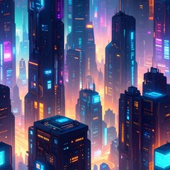 Futuristic cityscape with towering structures and neon lights.