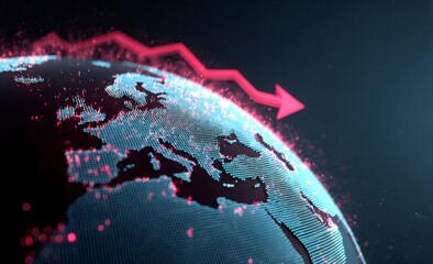 Global decline.  A digital globe, Europe-focused, shows a downward trend