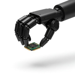 3d Render Of A Robot Hand Holding A Microchip, White Background