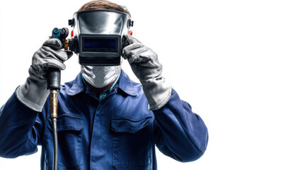 Welder adjusting mask before torch work