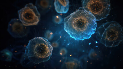 Bioluminescent cells dividing under microscope