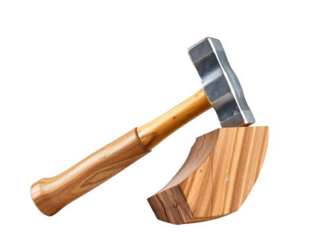 Heavy duty metal hammer striking a wooden wedge splitting a log for woodworking and construction isolated on transparent background