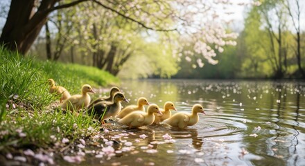 Group of cute ducklings by a river on a beautiful spring day