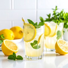 Two glasses of lemonade with lemon slices and mint