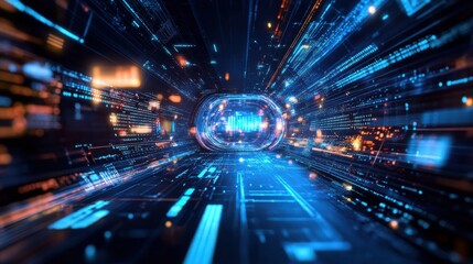 Abstract digital tunnel with glowing data streams at night