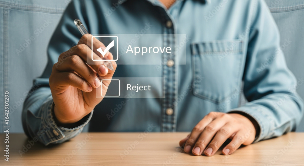 Poster person selecting approve option with pen on digital interface in a business setting environment view