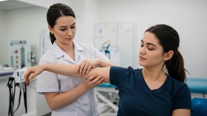 Physical Therapist Assisting Patient with Arm Movement in Clinic - Powered by Adobe