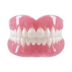 Obraz premium Set of false teeth in pink gum base. Isolated white background. Png format