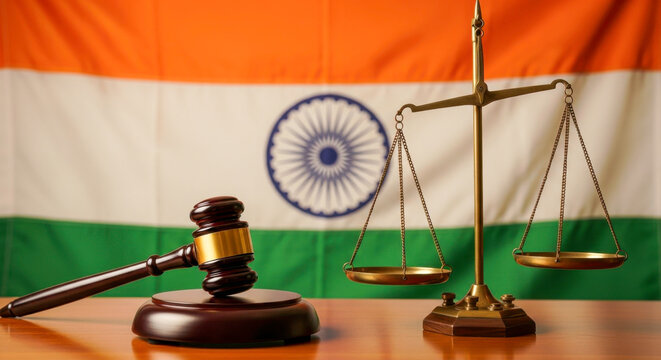 A gavel and scales of justice in front of the indian flag representing the indian legal system