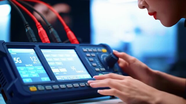 Technician operating a 5G testing device in a high-tech lab, with screens displaying data in the background - Powered by Adobe