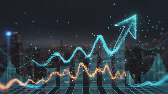 Dynamic glowing financial graph with upward arrow soars over city skyline signaling economic growth and investment success