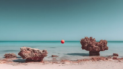 Coral rocks on a tranquil beach scene.