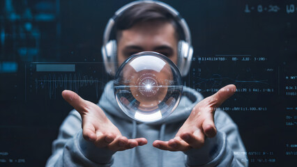Futuristic hacker with headphones holds glowing crystal ball displaying complex data streams and code, envisioning digital future and technological innovation