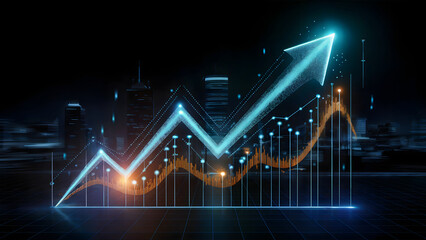 Dynamic digital growth arrow soaring upwards over futuristic cityscape, visualizing financial success and technological advancement.