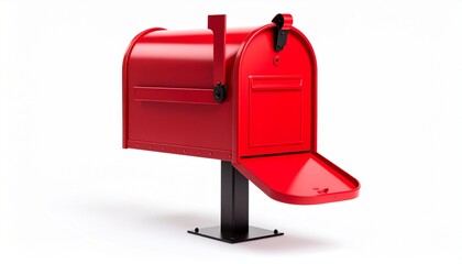 Red Mailbox with Open Door on Red Post &ndash; Empty Interior and Grass Base in Outdoor Setting