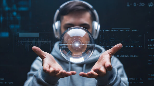 Futuristic hacker with headphones holds glowing crystal ball displaying complex data streams and code, envisioning digital future and technological innovation