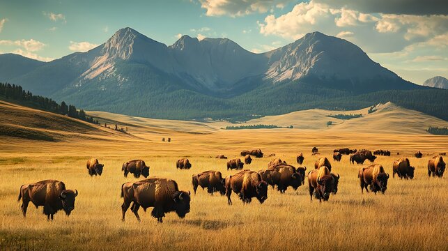 A herd of bison grazing on the prairie with mountains