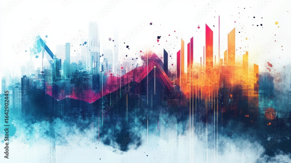 Poster dynamic cityscape with vibrant buildings and abstract graph design