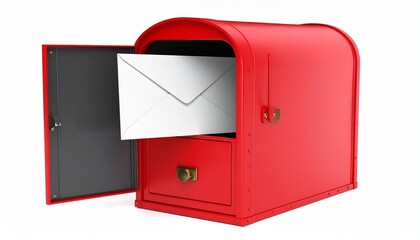 Modern Red Metal Mailbox with Open Door and White Envelope &ndash; Curved Top and Brass Knob Drawer Design
