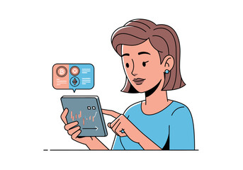 Woman analyzes data graphs and charts on tablet. Suitable for technology, data analysis, business presentations, and digital marketing concepts.