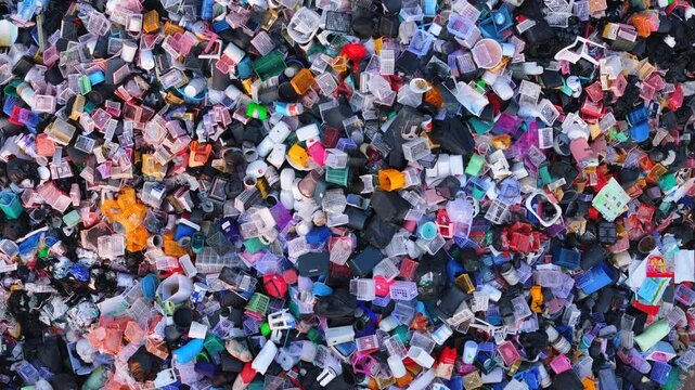 Top view flight above the pile of discarded plastic colorful containers and household items in an open dump
