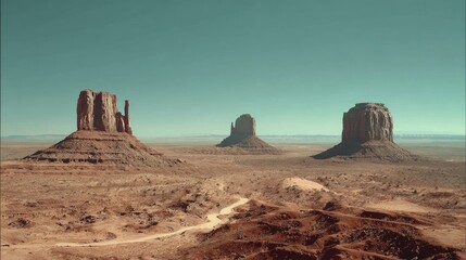 Monument valley landscape with buttes under a clear sky.