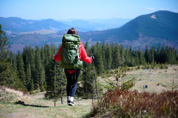 Female hiker with backpack and trekking poles walking in the mountains. Adventure lifestyle in nature. Active woman exploring forest trails on a sunny day.