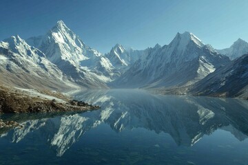 Fototapeta premium Serene mountain lake mirroring peaks (1)