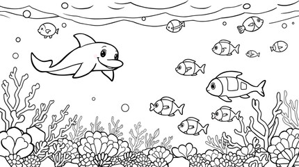 Cartoon underwater ocean scene with various fish and marine flora, black and white outline for coloring.