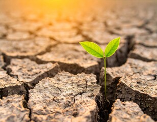 Green Sapling Emerging from Cracked Desert Earth at Golden Hour – Symbol of Resilience, Renewal, and Post-Traumatic Growth